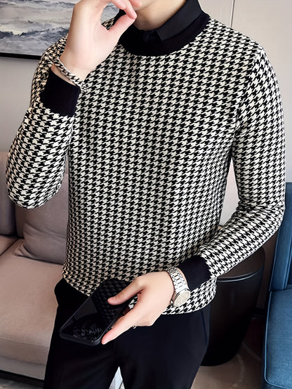 New Men'S Houndstooth Color-Blocked Sweater, Casual Pullover with Round Neck And Long Sleeves, Knit