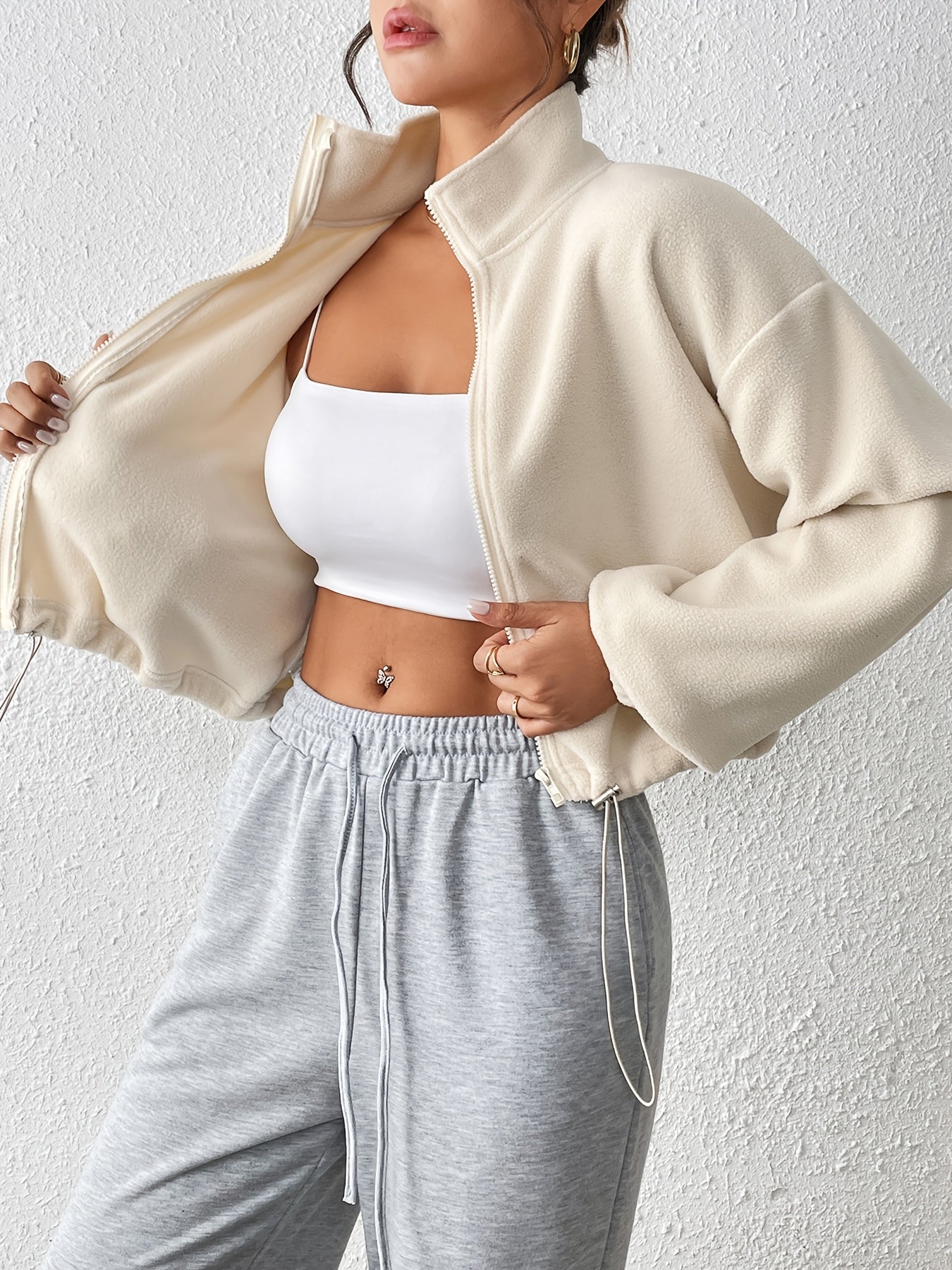 Women'S Casual Zippered Front Drawstring Hem Jacket - High-Neck Long Sleeve with Pockets, All-Season Comfort, Machine Washable, Versatile for Casual Attire, Casual Wear Jacket | Highneck Jacket | Zippered Jacket