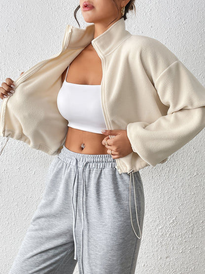 Women'S Casual Zippered Front Drawstring Hem Jacket - High-Neck Long Sleeve with Pockets, All-Season Comfort, Machine Washable, Versatile for Casual Attire, Casual Wear Jacket | Highneck Jacket | Zippered Jacket