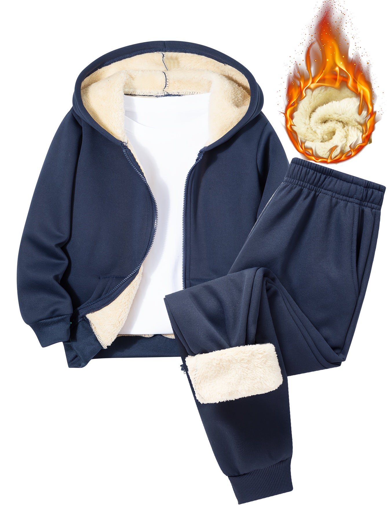 2pcs Boys' Fleece-Lined Hooded Sweatshirt + Casual Pants Set, Solid Color Long-Sleeved Zip-Up Top with Medium Stretch Warm Fabric for Autumn/Winter Season, Perfect for