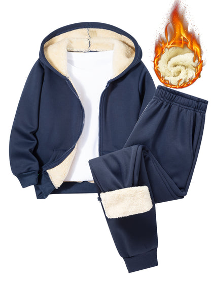 2pcs Boys' Fleece-Lined Hooded Sweatshirt + Casual Pants Set, Solid Color Long-Sleeved Zip-Up Top with Medium Stretch Warm Fabric for Autumn/Winter Season, Perfect for
