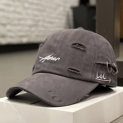 A Stylish Men'S Baseball Cap with a Distressed Look, Featuring a Vintage American Design And Letter Details, Inspired by Korean Fashion., Suitable for Women