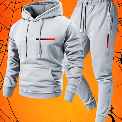Halloween Men'S Hoodie with PARIS Lettering And Drawstring Sweatpants Set, a Must-Have Outfit for Autumn And Winter, Perfect for Everyday Outdoor Wear