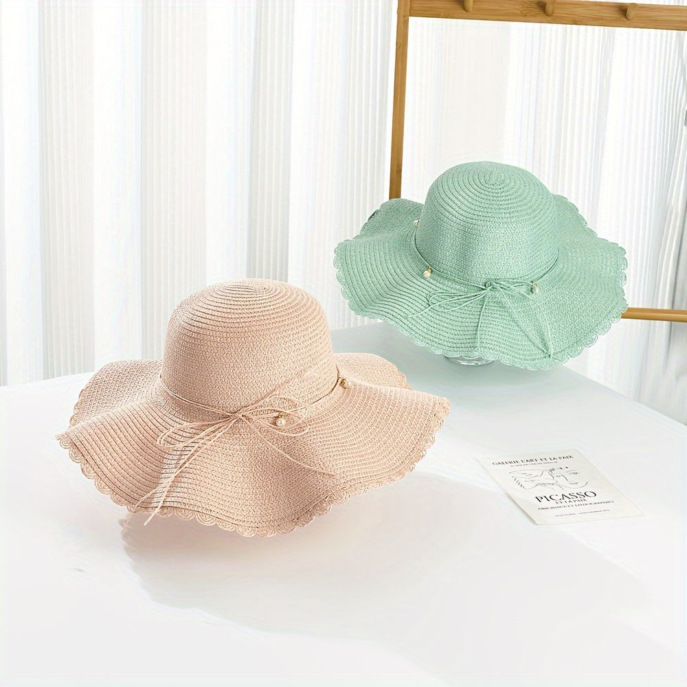 Women's Wide Brim Straw Sun Hat with Accents & Adjustable Ribbon - Protection Lace Trim Beach Wedding Casual Outdoor Hat for All Seasons