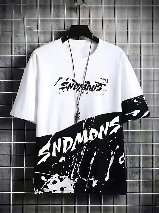 Men's 3D Digital Print Color Block Crew Neck T-Shirt - "sndmns" Graphic Design, Casual  Sporty Short Sleeve Tee for Summer Outings, Machine Washable, Casual Sportswear   Dynamic Print Tee   Durable Fabric