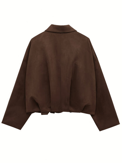 Women'S Vintage Bomber Jacket - Loose Fit Long Sleeve Zip-Up with Drop Shoulder Design, Brown Casual Outerwear for Fall/Winter, Non-Stretch Fabric, Perfect for Casual Attire, Autumn Winter Jacket | Vintage Bomber Style | Zipp