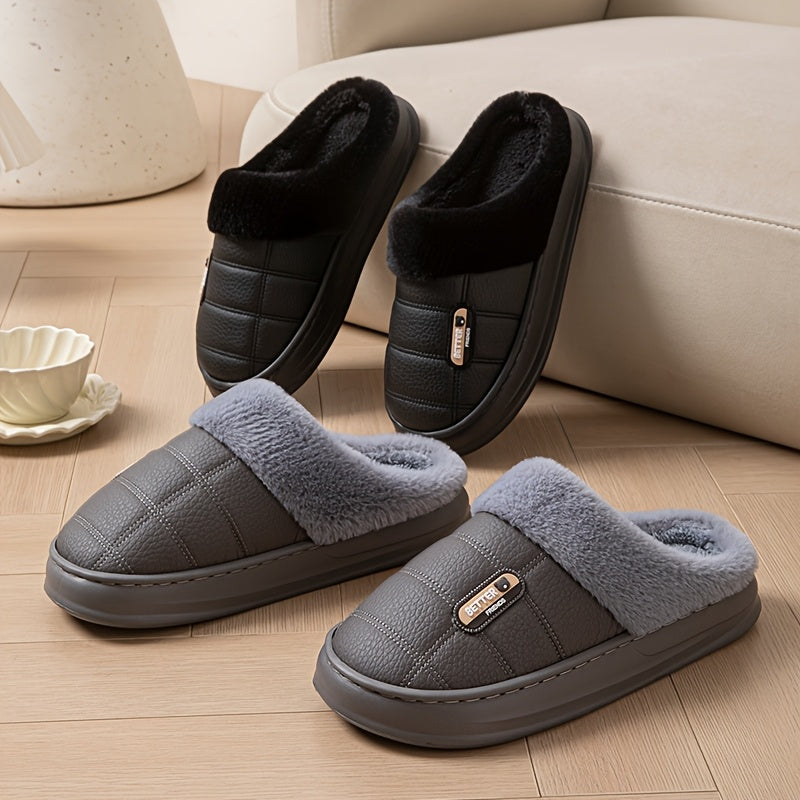 Men's Large PU Faux Leather Slippers Thick EVA Sole Warm Slip-On