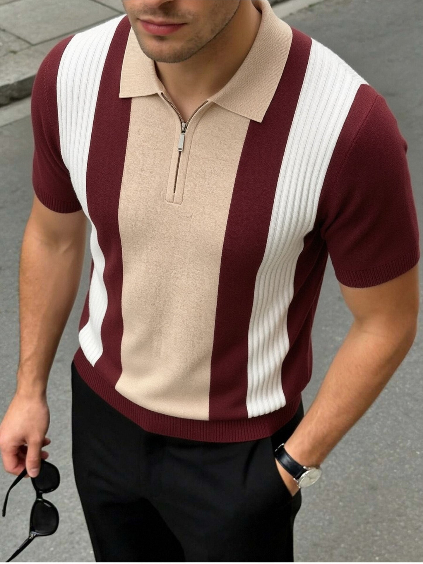 Men's Striped Knit Polo Shirt with Half-Zip for Summer Workwear