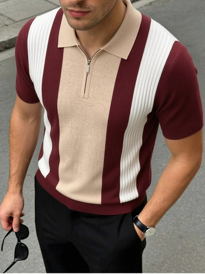 Men's Striped Knit Polo Shirt with Half-Zip for Summer Workwear