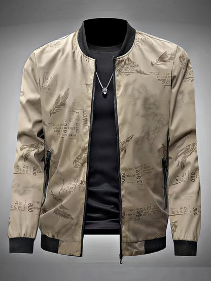 Men'S Lightweight Preppy Bomber Jacket with Feather & Star Print, Stand Collar, Zip-Up, Loose Fit, Polyester Lining, Casual Streetwear Style, Casual Outerwear | Star Pattern Jacket | Zippered Jacket