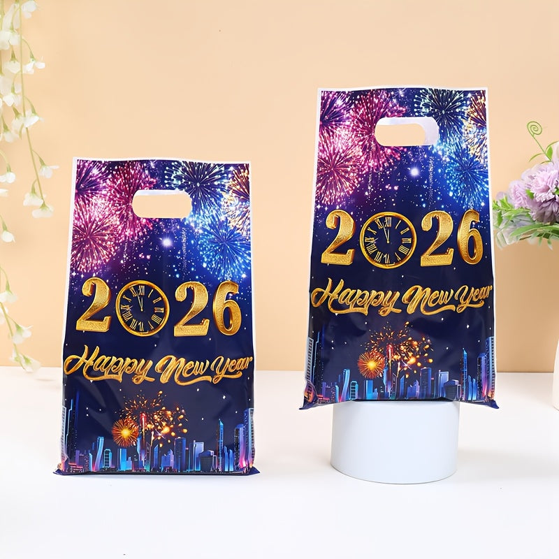 10/25/50pcs FengRise 2026 Happy New Year Fireworks Countdown Clocks Gift Bags - Vibrant Fireworks & Cityscape Design, Durable Plastic Party Favor Bags for New Year'S Eve, Birthday, Wedding Decorations, New Year Gifts, Festive