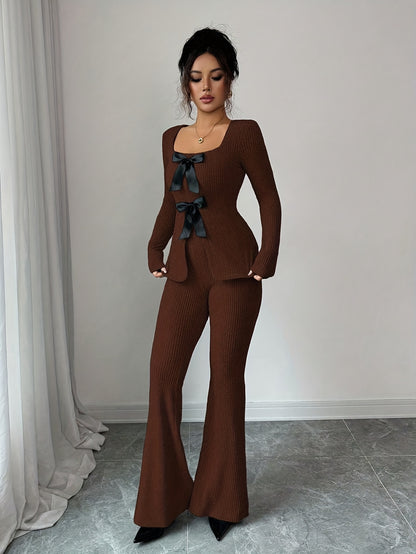 Elegant Women's Slim Fit Bow-Tie Top & Flared Pants Set - ayq