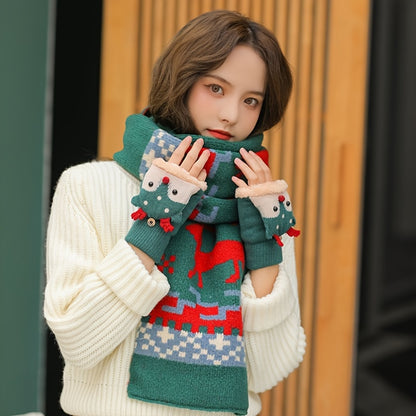 Women's Christmas Reindeer Flip-Over Gloves - Thick Warm Winter Gloves with Festive Snowflake & Reindeer Design, Non-Elastic for Indoor/Outdoor Use, Hand Wash/Dry Clean, Holiday Outdoor Wear, Warm Fabric