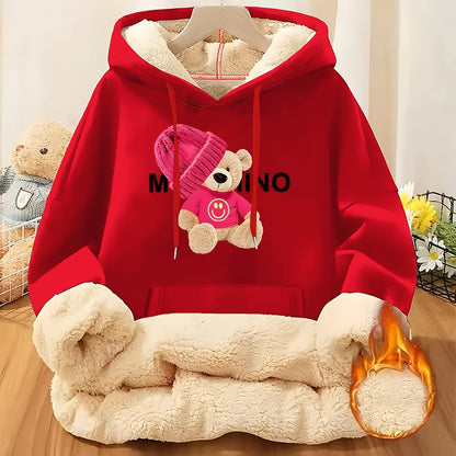 Women'S Thick Fleece Hooded Sweatshirt with Cute Bear Print & Plush - Cozy Winter Warmth, Drawstring Hood & Pockets, Casual Retro Style, Machine Washable For Fall/winter Commuting & Daily Wear, Winter Sweatshirt, Seasonal Fas