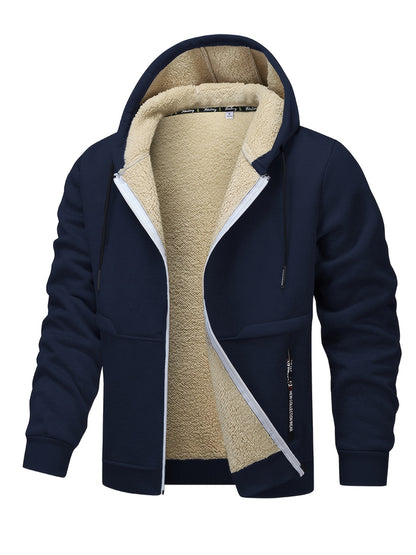 1pc Men'S Casual Style Hooded Jacket, Thick Fleece Lined, Warm