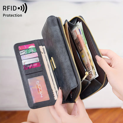 MIYIN Women's Vintage RFID Blocking Large Capacity Wallet with Wrist Strap - Tri-Fold  Handbag, Zipper Pocket & ID Slot, Multi-Card Holder (Credit/Debit) - Solid for Professional & Everyday Use