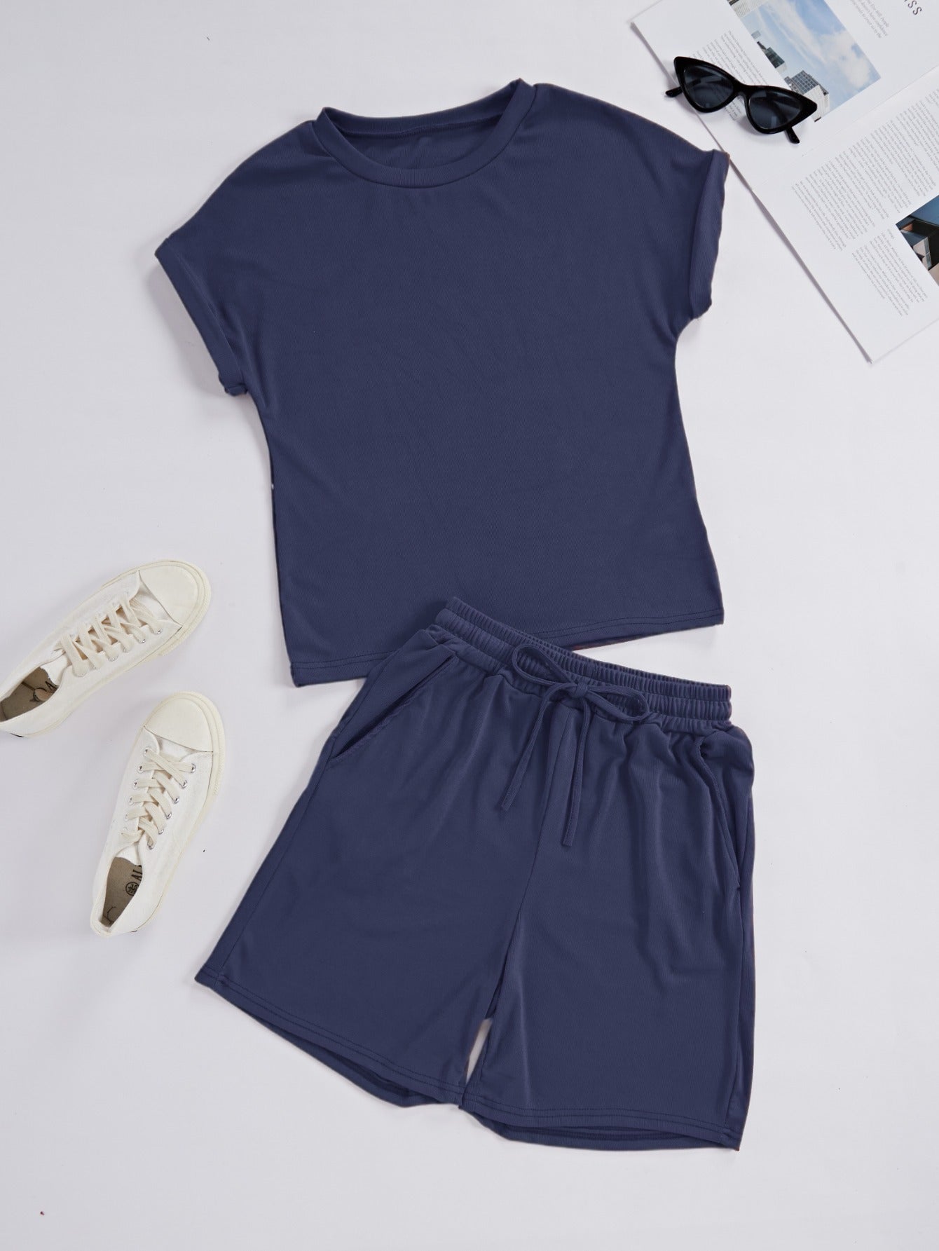 Women's Casual Short Sleeve & Shorts Set with Pockets