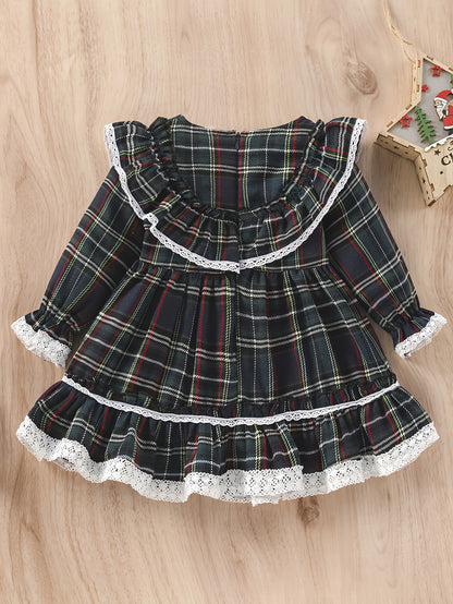 Girls' Plaid Tartan Puffed Sleeve High-Low Neck Ruffled Hem Dress with Ruffled Collar & Lace Trim - Plaid Princess Party Dress with Skirt, Machine Washable Winter Formal & Everyday Outfit for Christmas, New Year's, Easter - S
