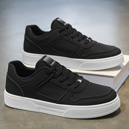 Men'S Breathable Skateboarding Shoes | Low-Top Casual sneakers, Black and White, PU Upper, Lace-up Closure, Suitable for All Seasons - ayq