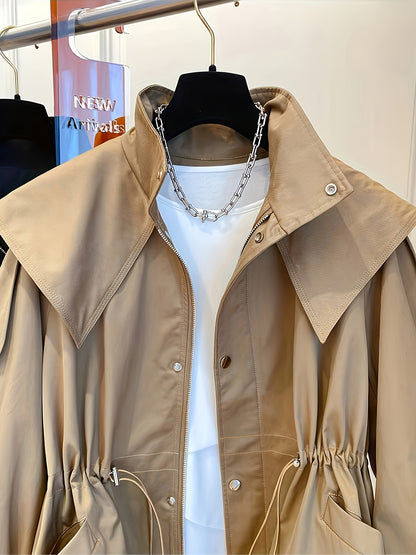 Women'S Casual Solid Color Polyester Overcoat with Drawstring Waist, Lapel Collar, and Chest Pockets - Spring and Fall Fashion, Comfortable, Non-Stretch Fabric, Casual Outerwear | Classic Long Sleeve | Nonstretch Materia