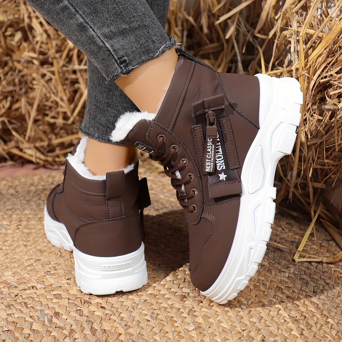 Autumn And Winter Women'S Fashionable Outdoor Plush Soft Comfortable Thick-Soled Lace-Up Ankle Boots