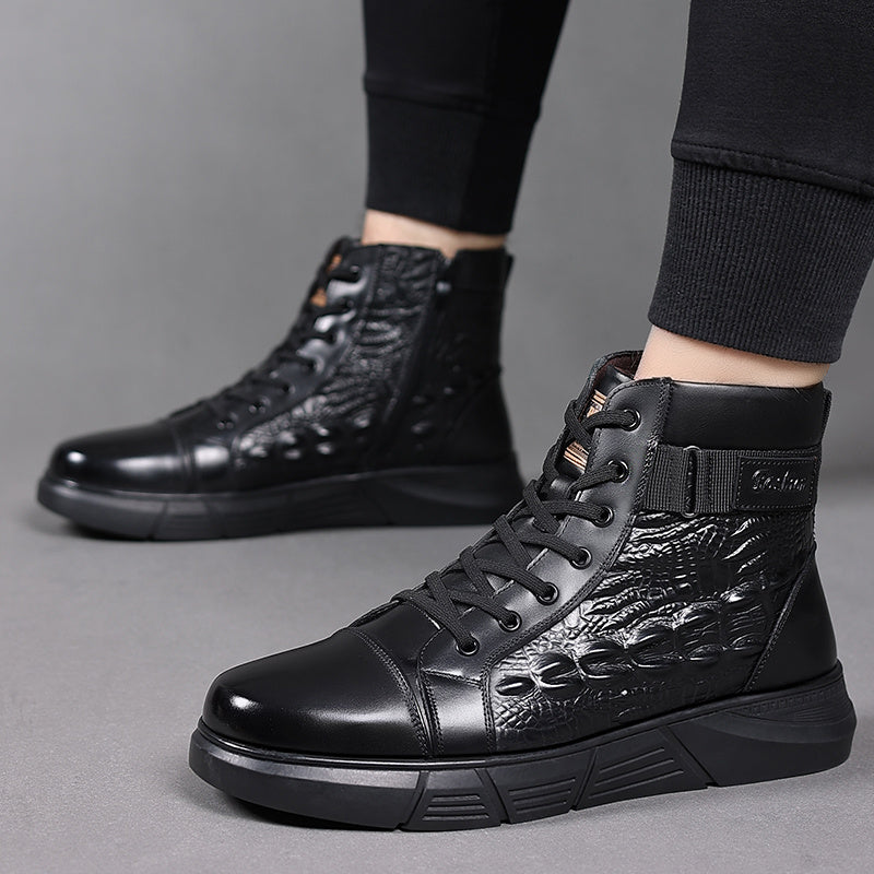 Men'S Versatile High-Top Boots, Featuring a Simple Lace-Up Design And Work Boot Style, with Slip-Resistant, Durable Thick Soles And Crocodile Texture Details, Suitable for Outdoor Travel And Daily Office Wear, Ideal for Use D