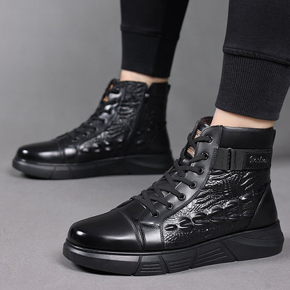 Men'S Versatile High-Top Boots, Featuring a Simple Lace-Up Design And Work Boot Style, with Slip-Resistant, Durable Thick Soles And Crocodile Texture Details, Suitable for Outdoor Travel And Daily Office Wear, Ideal for Use D