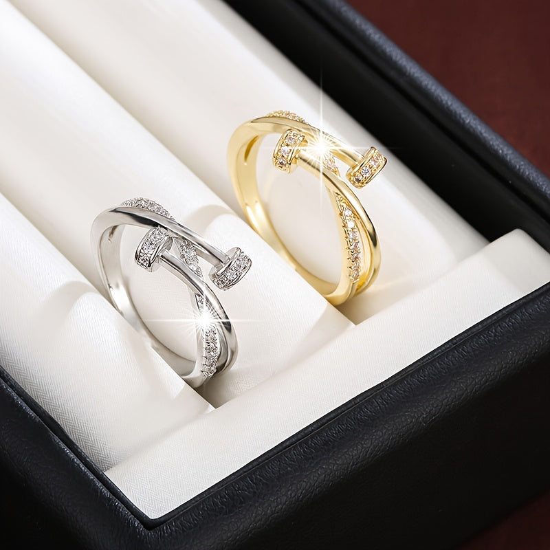 Women's Simple Cross-Inlay Zirconia Ring in White Gold Plating