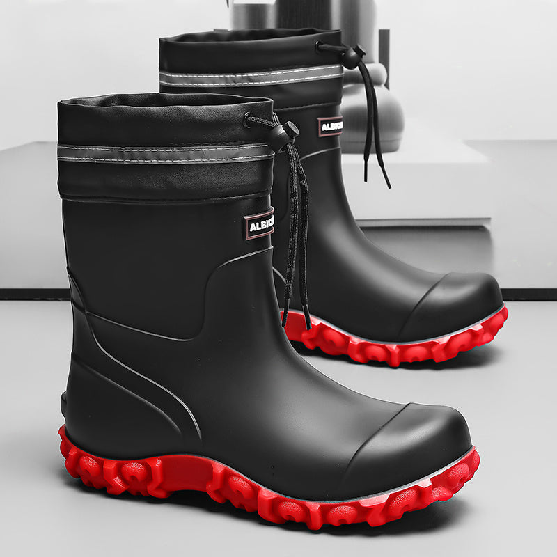Men's Waterproof PU Rain Boots with Fleece Lining, Mid-Calf