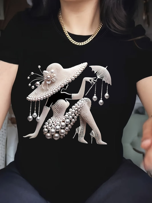 Women's Casual Geometric Pattern Cotton T-Shirt - Short Sleeve - ayq