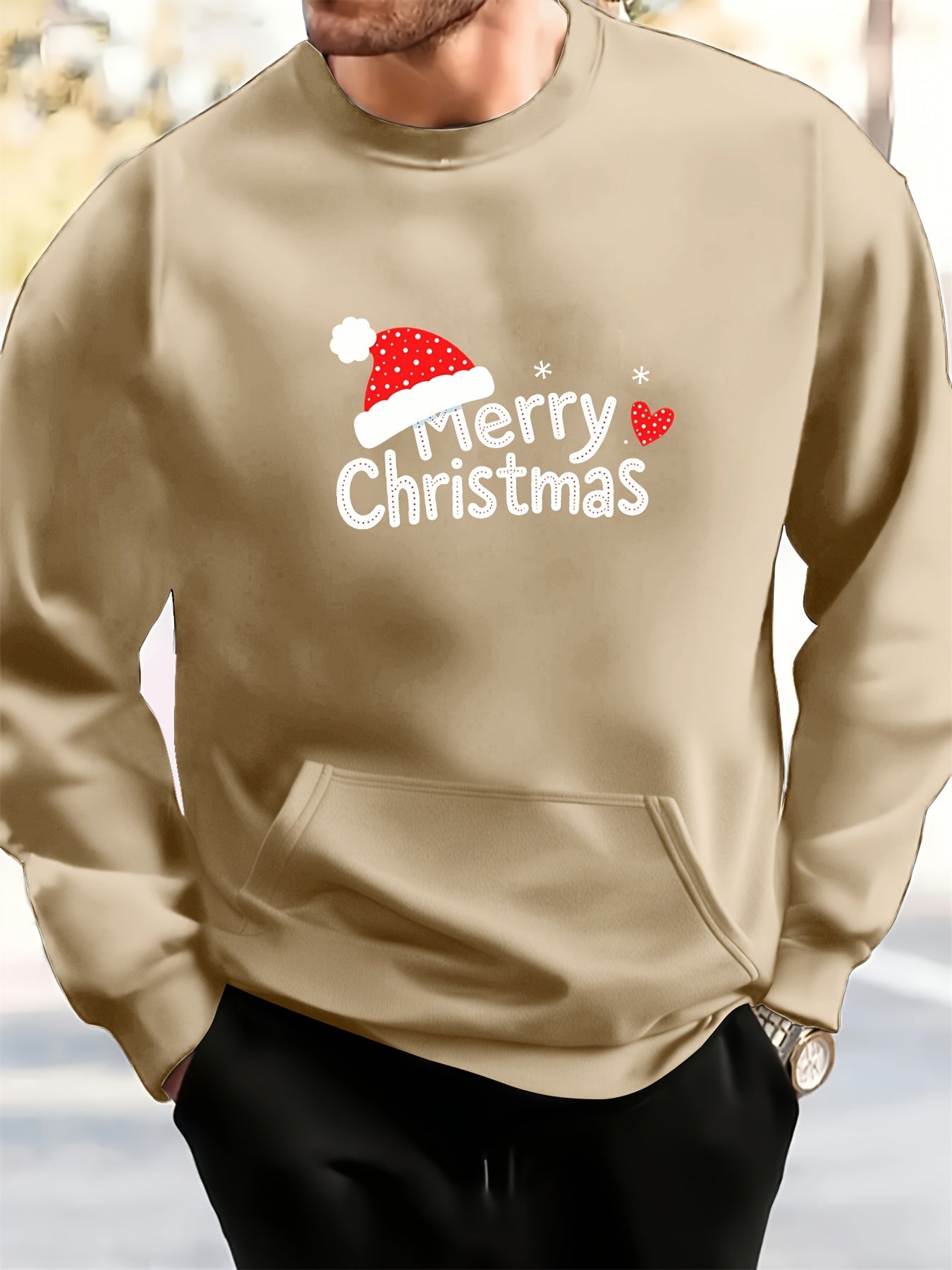 Men's White Christmas & New Year Oversized Sweatshirt - Long Loose Fit Casual Sweater with Pocket, Red Polka Santa Hat & Holly Berry Logo, Pink Heart Accent - Holiday Party Winter Wear (Machine Washable)