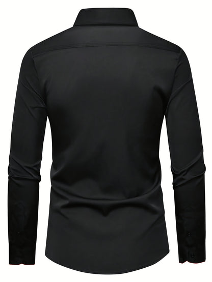 Elegant Men's Solid Color Long Sleeve Dress Shirt with Stylish Contrast Trim - 100% Polyester, Button-Up, Machine Washable - Ideal for Formal & Semi-Formal Occasions