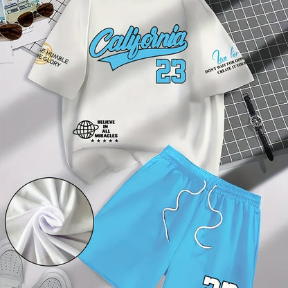 A Men's casual tracksuit - polyester crew neck T-shirt and shorts, regular cut, knitted fabric, summer casual, comfortable and stylish 3D digital print