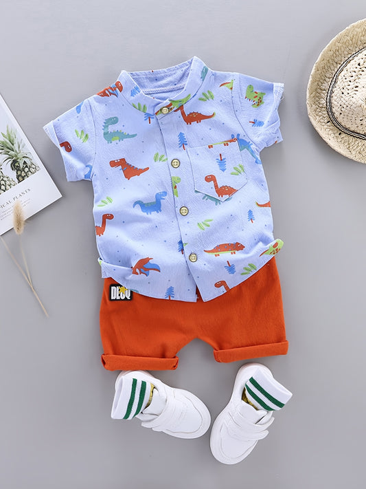 Kids' Cotton Dinosaur Print Shirt & Shorts Set for Summer