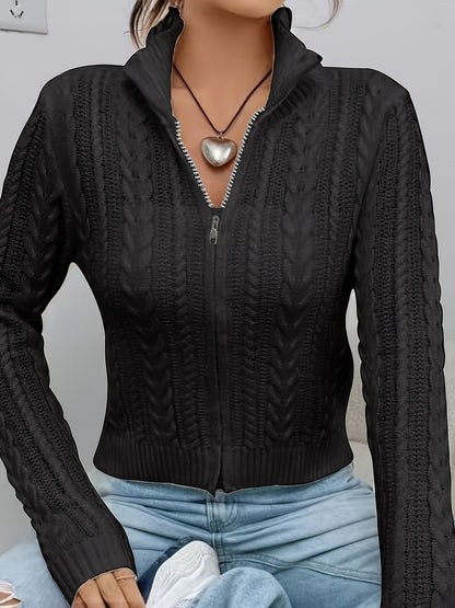 Women's Elegant Zip-Up Cable Cardigan with Stand Collar - Machine Washable Spring/Fall Jacket, White Solid Color, Braided Design & Zipper Front for Casual or Dressy Outfits, Cardigan Sweater, Autumn Layering Piece, Spring Out