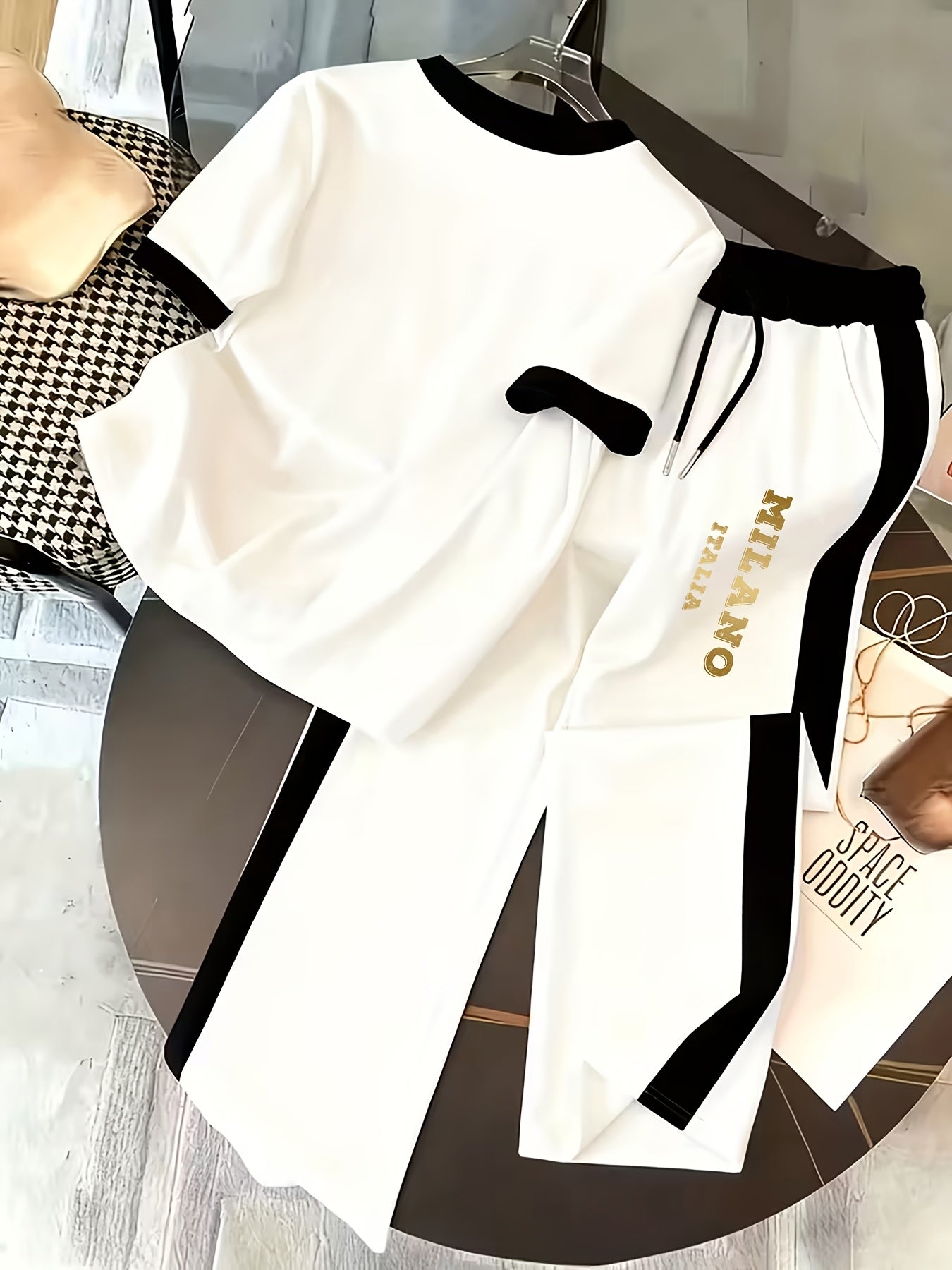 Women’s Casual Commuter 2-Piece Polyester T-Shirt & Wide-Leg Pants Set