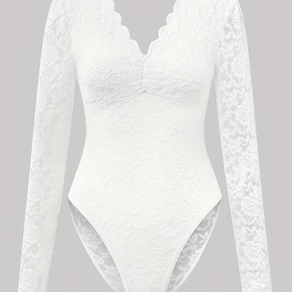 Stylish Deep V Backless Lace Rose Print Sheer Fitted Long Sleeve Bodysuit 10717