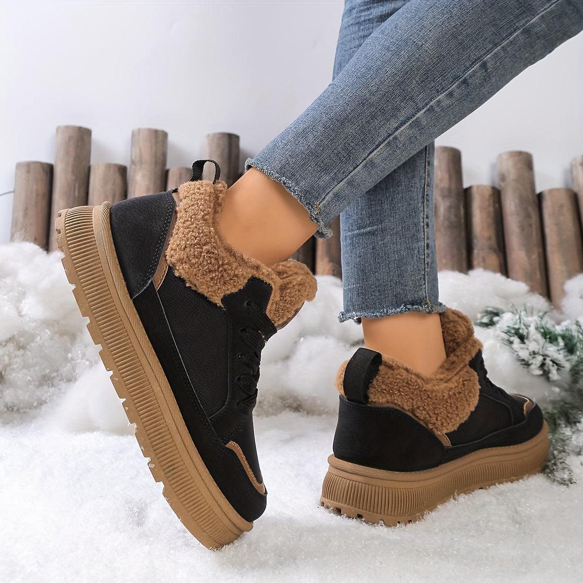 Women'S High-Top Fleece-Lined Thick Sole Height-Increasing Casual Sneakers - Geometric Pattern, Round Toe, Synthetic Cover Upper, Rubber Sole, Warm Winter Shoes for Petite Women, Winter Footwear | Geometric Pattern Shoes | Sy