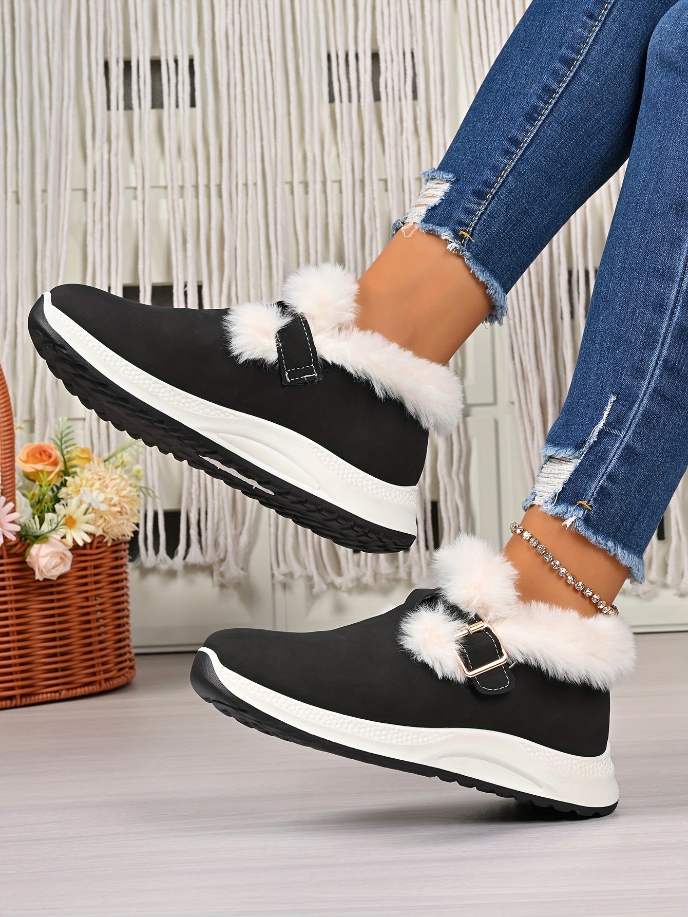 Women's Plush Winter Snow Boots with Faux Collar & - Slip-On/Lockable Ankle Strap, Cushioned PVC Sole - Grey/Lavender Synthetic - Warm Cozy Shoes for Ice, Snow, Indoor/Outdoor (Wide Widths Available) - Ideal, Winter Boots For