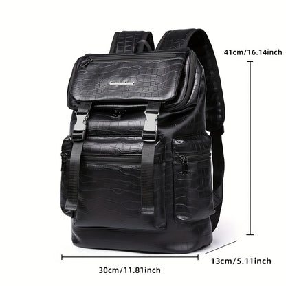Unisex Backpack with Crocodile Texture, Large Capacity, Anti-Theft, Multi-Compartment, Fits 14-inch Laptop, Casual Travel  Business Commute, Minimalist Style, No Battery - Black