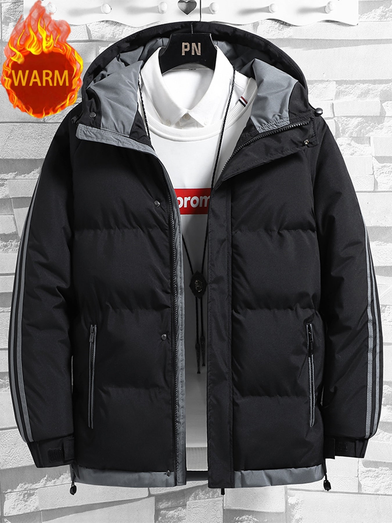 1pc Men's Heavy-Duty Winter Jacket with Hood - -Filled Coat, White & Dark Green, Golden-Zip Closure, Machine Washable, Casual Outdoor Wear (Snow, Windproof) - Regular Fit for, Skiing, Cold