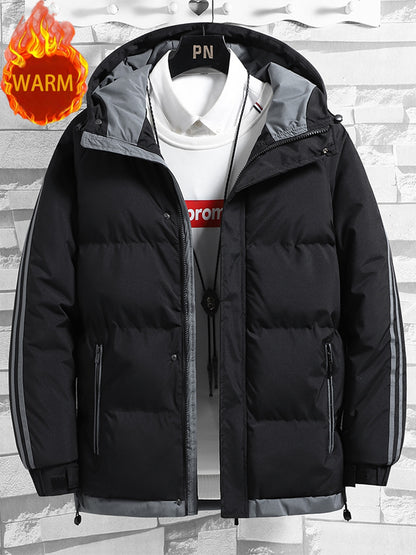 1pc Men's Heavy-Duty Winter Jacket with Hood - -Filled Coat, White & Dark Green, Golden-Zip Closure, Machine Washable, Casual Outdoor Wear (Snow, Windproof) - Regular Fit for, Skiing, Cold