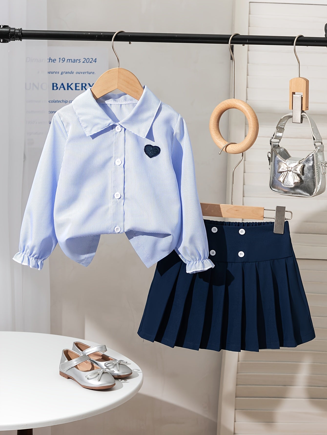 Girls Preppy Striped Collar Shirt & Pleated Skirt Set