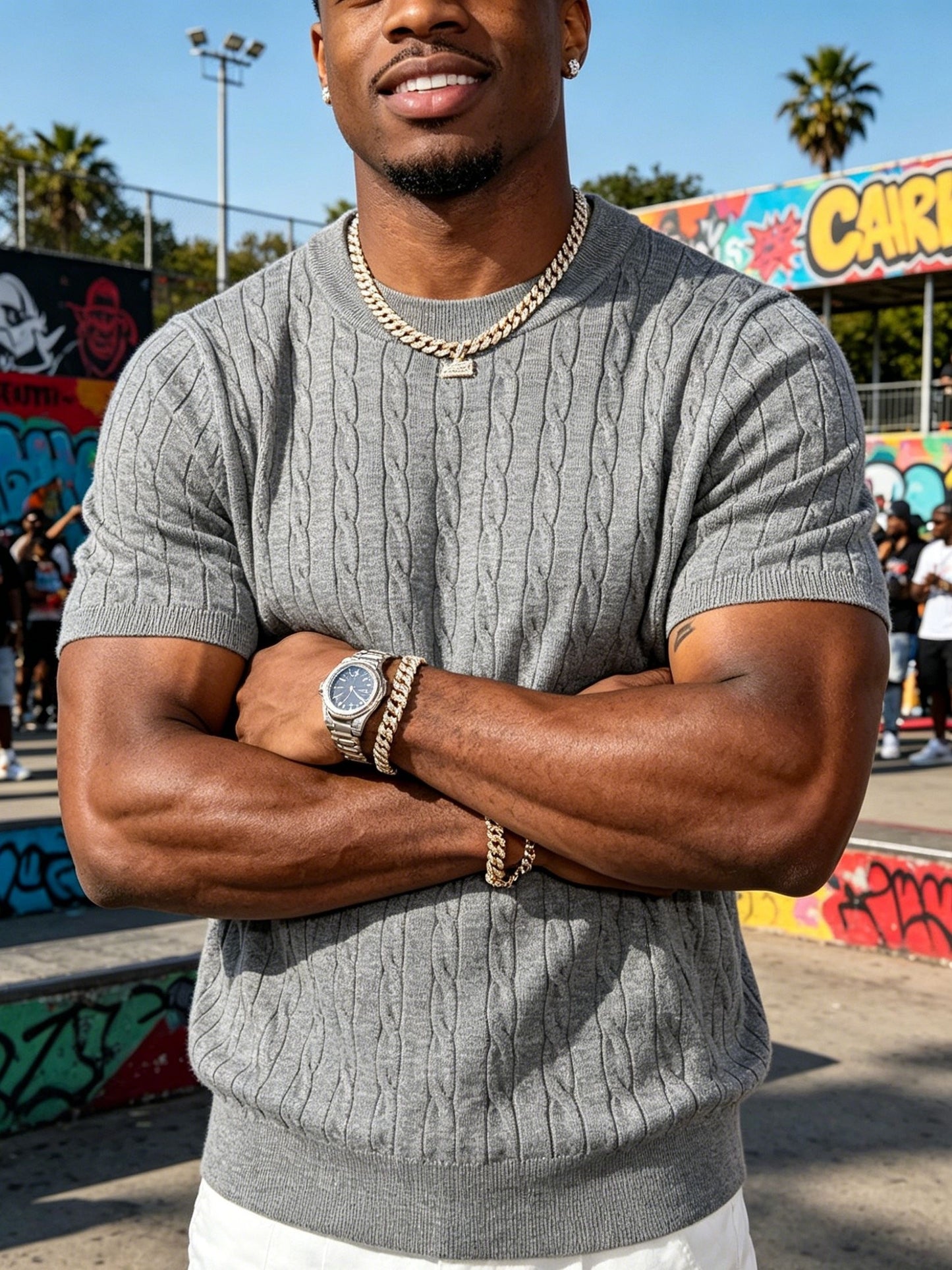 Men's Classic Cable Knit Crew Neck T-Shirt for Summer