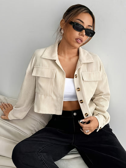 Women'S Chic Beige Bomber Jacket with Button Details - Casual Short Sleeve, Lapel Collar, Pockets, Perfect for Fall/Winter Outings, Casual Outerwear | Chic Bomber Jacket | Buttoned Jacket