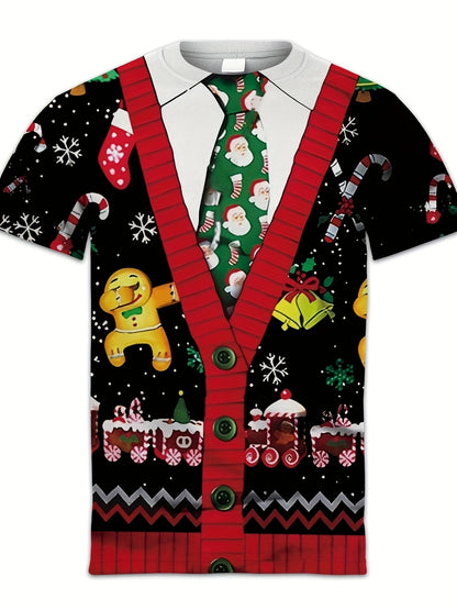 Men's Large 3D Christmas Sweater T-Shirt - Short Sleeve Round Neck with Santa, Snowman, Gingerbread & Candy Cane Print - Ugly Sweater Party Outfit, Holiday Celebration Costume (Vibrant Colors, Machine Washable), PLUS SIZE