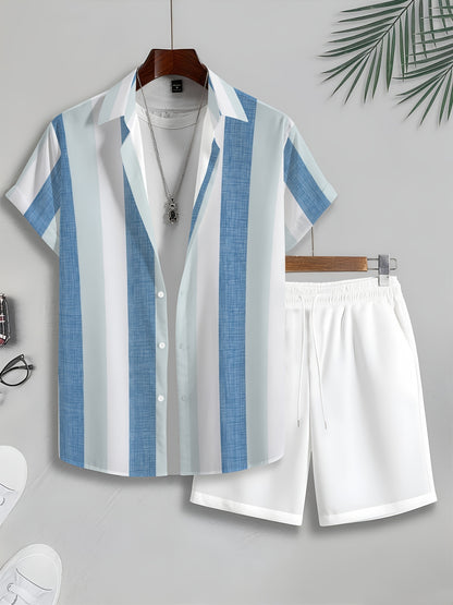 Men's Casual Blue White Striped Shirt and Shorts Set