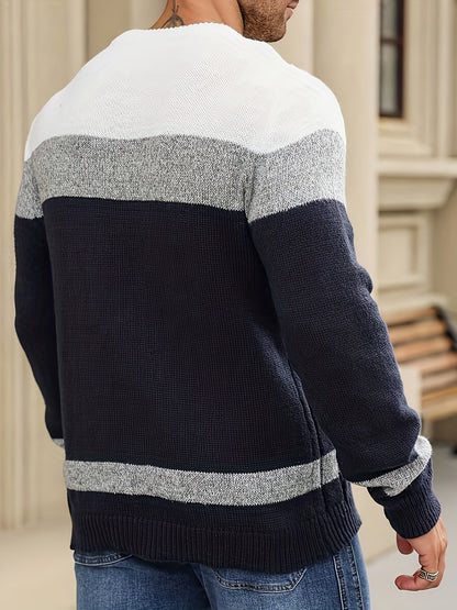 Men's Autumn/Winter Casual Color-Block Twist-Knit Pullover Sweater