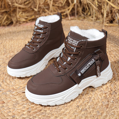 Women'S Winter Snow Boots - Plush Fleece Lined Thick Sole Lace-Up Ankle Boots with Rugged Rubber Outsole, Brown & White Color-Block Design for Outdoor Hiking & Casual Wear, Cold Weather Footwear, Stylish Footwear, Durable Con