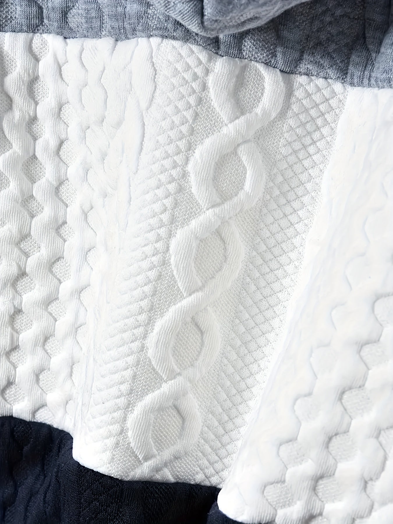 Youth 's Fashion Thickened Jacquard Fabric Grey White Navy Contrast Stitched Hoodie Sweatshirt + Comfortable Drawstring Casual Pants Two-Piece Set, Perfect for Outdoor Activities, Perfect for Outdoor